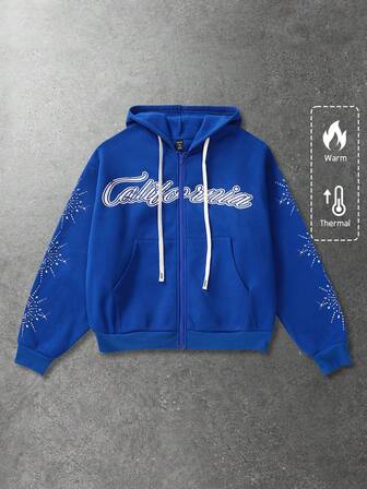 Street Life Felpa con cappuccio e chiusura lampo da uomo, stile di strada con stampa grafica in inglese americano con effetto strass, autunno/inverno