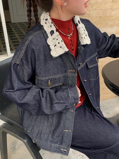 Dazy Plus レオパード柄ラペル ポケット 長袖デニムジャケット プラスサイズ レディース、ルーズフィット、春秋