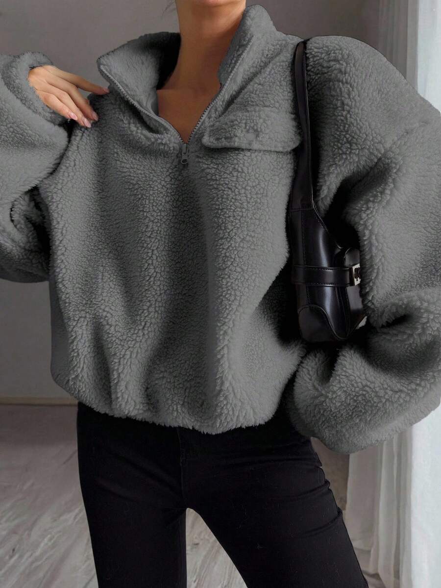 DAZY Women's Autumn High Neck Half-Zip Hem Sweatshirt Y2k - Grey - View 1