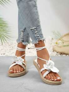 Mujer Sandalia Playa Decorada con Flor Grande Punta Abierta Sin Cordones Suela de Yute Estilo Bohemio para Verano y Vacaciones Sandalias - Blanco - Ver 2