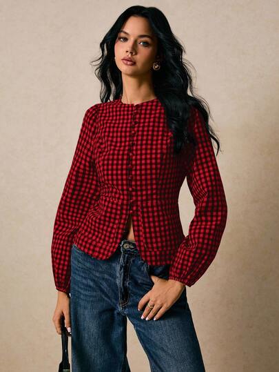 Poéselle Women's Plaid Long Sleeve Single-Breasted Casual/Work Shirt,Red Top,Christmas,Red Tops For Women