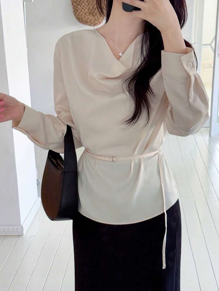 Tie Collar Cinched Waist Shirt For Women, New Design Long Sleeve Blouse