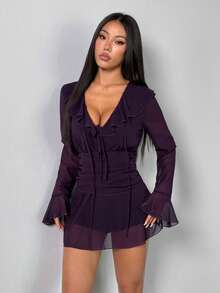 SHEIN PETITE Women's Elegant Sexy Deep V Ruffle Waist Cinched Waist Flare Sleeve Purple Mini Dress, Fall Dresses For Women Night Out Dress, Women Dating Dress - Purple - View 6