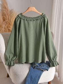 CosyJoli Plus Size Casual Ruffle Collar A-Line Smock Blouse Green - Green - View 2