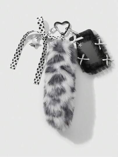 Grunge Punk 1 pezzo Stile gotico vintage dolce Y2K, coda finta in peluche grigio con stampa leopardata, fiocco in pelle a forma di cuore, portacard in rete di filo di CCB a forma di stella, ciondolo fai-da-te per borsa/portachiavi, adatto per lavoratori d'ufficio, studenti e uso quotidiano, regalo per vacanze, Ognissanti
