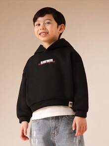 SUMWON Kapuzenpullover mit Mitteltasche und Schriftlogo-Design für den lässigen Alltag - Schwarz - Übersicht 4