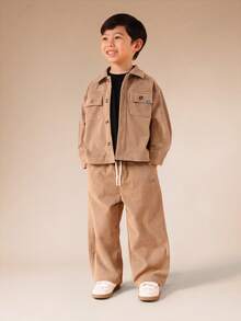 SUMWON Young Boys Corduroy Button Up Shirt And Pants Matching Co-Ord Set With Chest Pockets