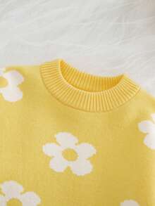 SHEIN Vintaside Kids 少女花卉图案圆领长袖休闲毛衣，秋冬 - 黃色 - 查看 3