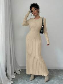 Rafferiza Women's Solid Color Crew Neck Long Sleeve Ribbed Maxi Sweater Dress, Autumn/Winter - Beige - View 5