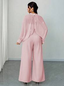 Elenzga 大码女式优雅派对/婚礼雪纺串珠水钻装饰立领长袖上衣和高腰阔腿连体裤两件套，春/秋/冬 - 粉色 - 查看 2