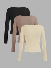 SHEIN EZwear Set de 3 camisetas de mujer de cuello cuadrado de unicolor y talla grande, negro, blanco, caqui, versátiles, adecuadas para primavera y otoño