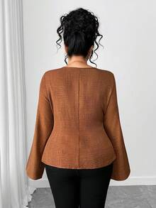 Elenzga Plus Size Women's V-Neck Shirt With X-Buckle Decor, Fashionable, Sexy, Elegant, Suitable For Work And Everyday Wear - Brown - View 2