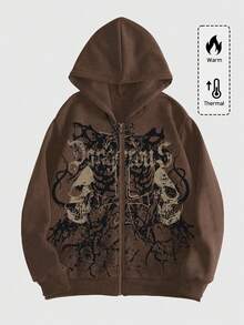 ROMWE MEN Goth 男士骷髅字母印花拉链连帽衫，长袖，适合上学、秋冬穿着