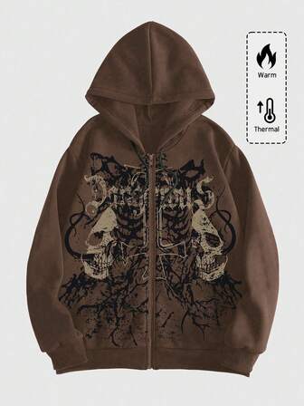 Grunge Punk Felpa con cappuccio da uomo con stampa a teschio e lettera, chiusura con zip, manica lunga, adatta per la scuola, autunno/inverno