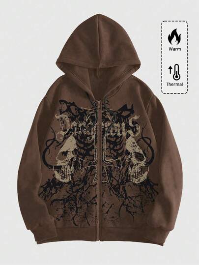 Grunge Punk Sudadera con capucha con cierre de cremallera, manga larga, estampado de calavera y letras, para escuela, otoño/invierno, para hombres