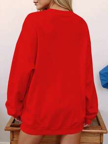 EMERY ROSE Plus Size Casual Crew Neck Sweatshirt, Autumn/Winter - Red - View 2