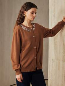 Aveloria Women's Loose Fit, Sequined Embroidery Detailing At The Neckline, Casual Long-Sleeved Cardigan     Winter Clothes For Women  Winter Sweaters For Women - Brown - View 5