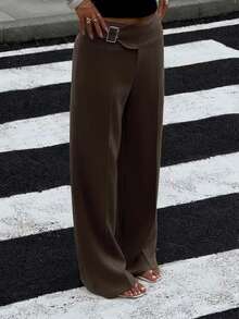 SHEIN EZwear Women's Coffee Brown Metal Buttonhole Casual Versatile Wide-Leg Pants, Autumn Women's Clothing,Fall,Fall Clothes For Women - Coffee Brown - View 3