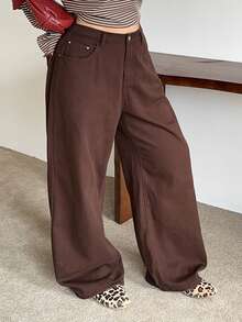 Dazy Plus Plus Size Women Casual Loose Waist Solid Color Long Straight Leg Jeans, All Season - Brown - View 6