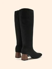 CUCCOO BASICS 女士方头性感黑色PU靴，秋冬款，粗跟/中跟，弹力紧身靴 - 黑色 - 查看 9