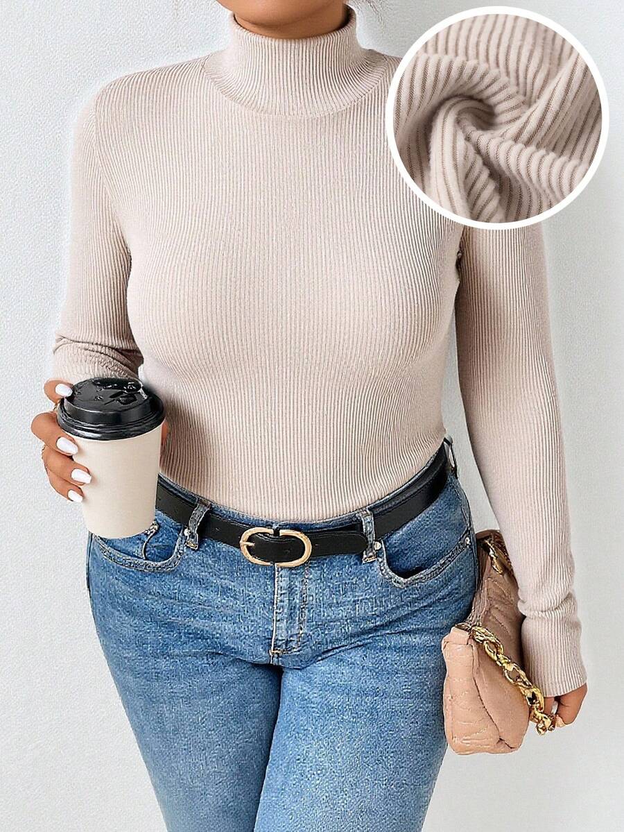 EMERY ROSE 大码女式休闲纯色长袖罗纹高领T恤 - 杏色 - 查看 1