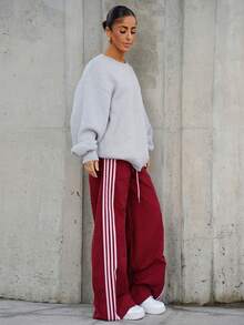 SAYEHFBABY Women's Elastic Waist Casual Loose Striped Sports Pants,Fall - Burgundy - View 6