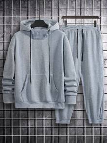 Claim Dot Men's Solid Color Drop Shoulder Long Sleeve Drawstring Hoodie And Sweatpants Casual 2-Pieces Set , For Winter, Thermal Lined