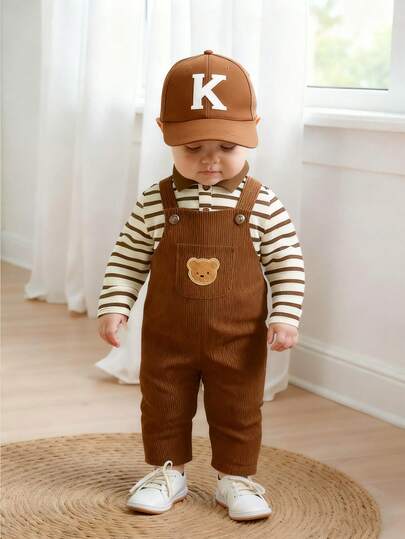 SHEIN Vintaside Kids 2件套男婴/男女通用婴儿6-36个月条纹针织Polo领开衫和黑色灯芯绒小熊刺绣裤套装，适合外出和日常休闲穿着。条纹长袖婴儿套装，男婴连体衣，棕色，棕色男婴套装，棕色灯芯绒婴儿套装，男婴休闲套装，男婴服装，男婴服装，男童服装套装，男女通用秋季婴儿套装，男婴背带连体衣，秋季男女通用婴儿套装，12个月男婴服装。