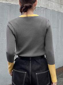 FRIFUL pull casual ajusté à manches longues, col et poignets contrastés, col rond, côtelé. Polyvalent pour l'automne/l'hiver - Gris - Voir 5