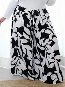 Pantalones de pierna ancha de cintura alta con estampado gráfico y cintura de saco de papel en tallas grandes - Blanco y Negro - Ver 4