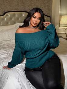 NU&NOW 大码女式纯色露肩麻花针织套头衫 - 水鴨藍 - 查看 5