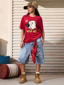 Popeye X SHEIN T-shirt à manches courtes col rond décontracté pour femmes, avec lettres et graphiques de dessins animés, pour l'été - Rouge - Voir 6
