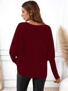 EMERY ROSE Damen Lässig Einfarbiges Shirt mit Fledermausärmeln und Strass, Herbst/Winter - Bordeaux - Übersicht 2