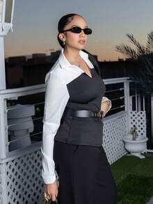 Melissa Matos Women Contrast Color Waist Belt Casual Long Sleeve Blouse Fall Cloth For Women