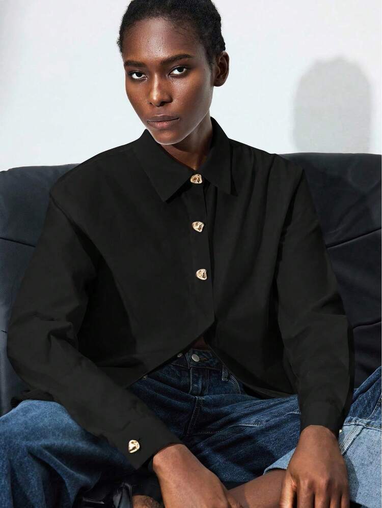 SHEIN Maija Women's Turndown Collar Long Sleeve Metal Decor Button Loose Blouse, Suitable For Urban Commute, Business, Casual, St Patrick's Day Women Easter Summer Easter Women Party Top Beach Summer Holiday Beach Vacation Summer Going Out Graduation Casual Blouses For Women