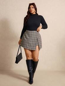 Elaquor Plus Size Women Plaid Button Design Split Hem Elegant Skort Spring - Camel - View 6