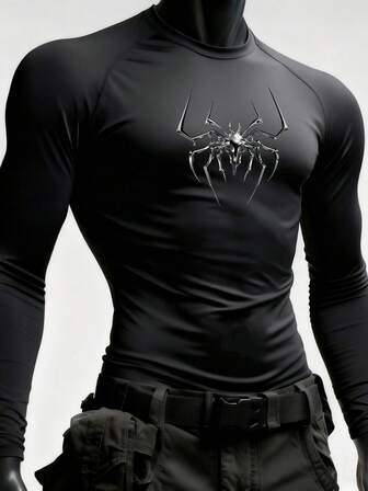 Manfinity Sport PWRUP Camiseta de manga larga de cuello redondo con estampado de araña casual para hombres