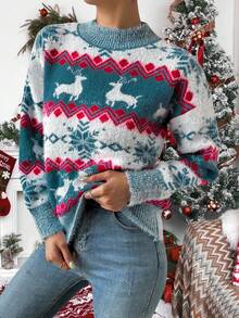 SHEIN LUNE Women's Casual Christmas Reindeer & Snowflake Patchwork Pattern Dropped Shoulder Loose Pullover Sweater, Autumn/Winter - Blue Power - View 3