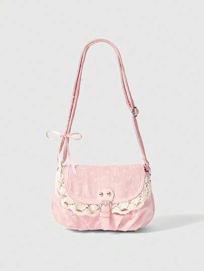 Kawaii Women's Bow Print Pink Crossbody Bag