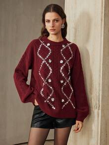 Arave Women's Loose-Fitting Floral Velvet Sweater With Beaded And Sequined Design, Perfect For A Modern Party Look, Winter Clothes For Women,  . - Burgundy - View 4