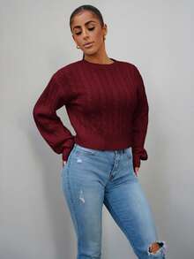 SAYEHFBABY Solid Color Crew Neck Cable Knit Casual Pullover Sweater,Long Sleeve Tops Knit Pullover Fall Winter Outfit - Burgundy - View 4