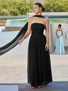 Andrea Bello 女士纯色褶饰挂脖长裙，优雅时尚 - 黑色 - 查看 5