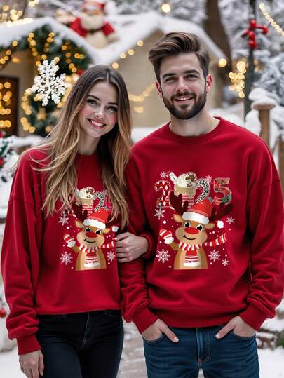 Manfinity Homme Sudadera casual de cuello redondo de manga larga con estampado de renos navideños para hombre, otoño/invierno