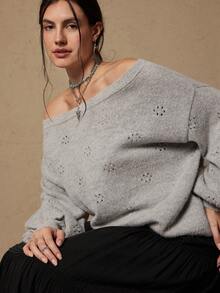 Freevana Plus Size Solid Color Off Shoulder Lantern Sleeve Sweater, Casual Autumn/Winter - Cream - View 3