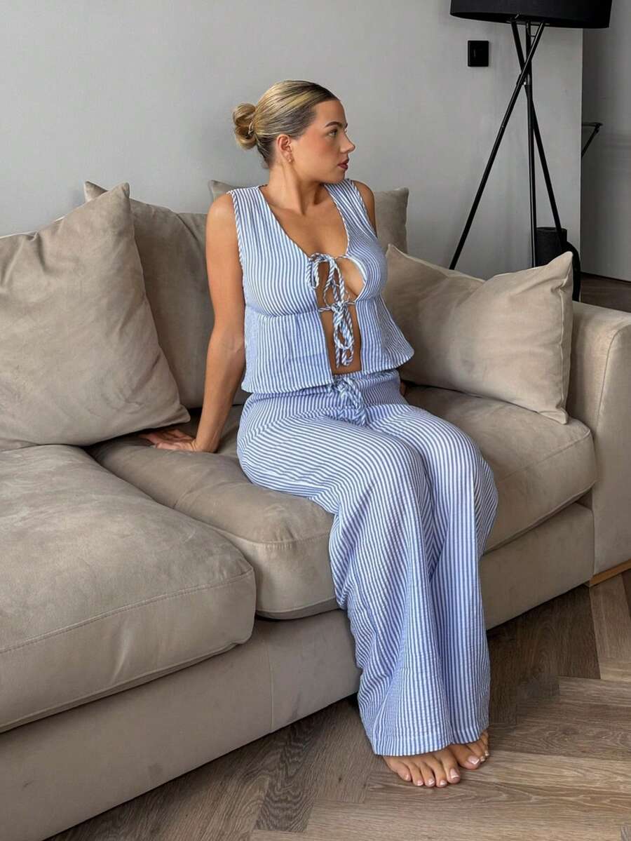 Bethéva 2pcs Set: Striped Lace-Up Straight-Leg Casual Pants, Street Style For Women, Summer - Baby Blue - View 1