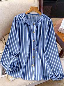 Linhara Plus Size Women's French Striped Puff Sleeve Round Neck Metal Button Shirt - Blue - View 1