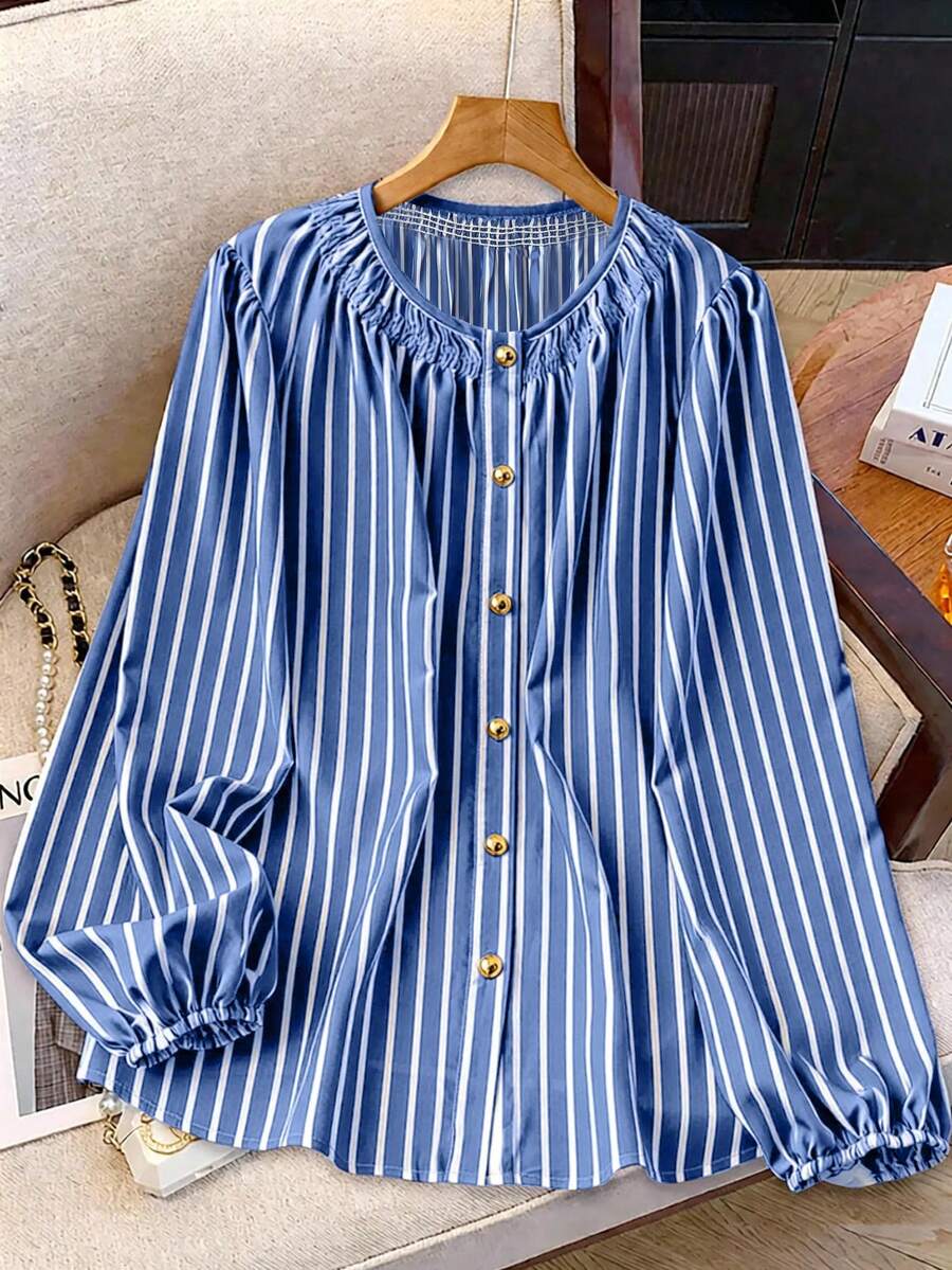 Linhara Plus Size Women's French Striped Puff Sleeve Round Neck Metal Button Shirt - Blue - View 1