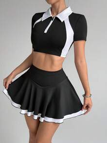 Dewbera Summer Fashion Contrast Color Cropped Short Sleeve Top And Mini Skirt Sportswear Set Two Piece Tennis Skirt Set
