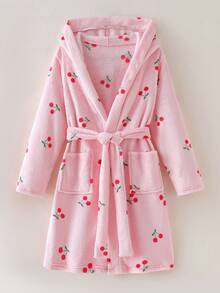 少女睡衣，粉色底红色樱桃印花长袖连帽睡袍，保暖舒适休闲家居服，流行可爱樱桃甜美风格，适合姐妹穿着 - 粉色 - 查看 5