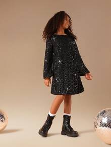 Đầm ngắn tay dài đính sequin SUMWON với chi tiết nơ phía sau, thích hợp cho các dịp đặc biệt, tiệc tùng, lễ hội, đi chơi hoặc du lịch. - màu đen - Xem 7